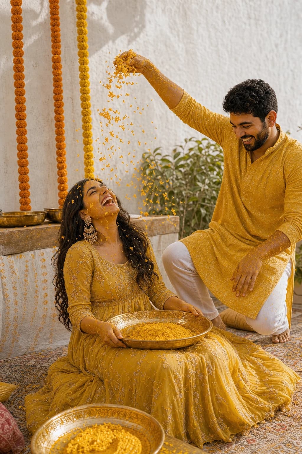 Ananya and Nikhil laughing during their Haldi