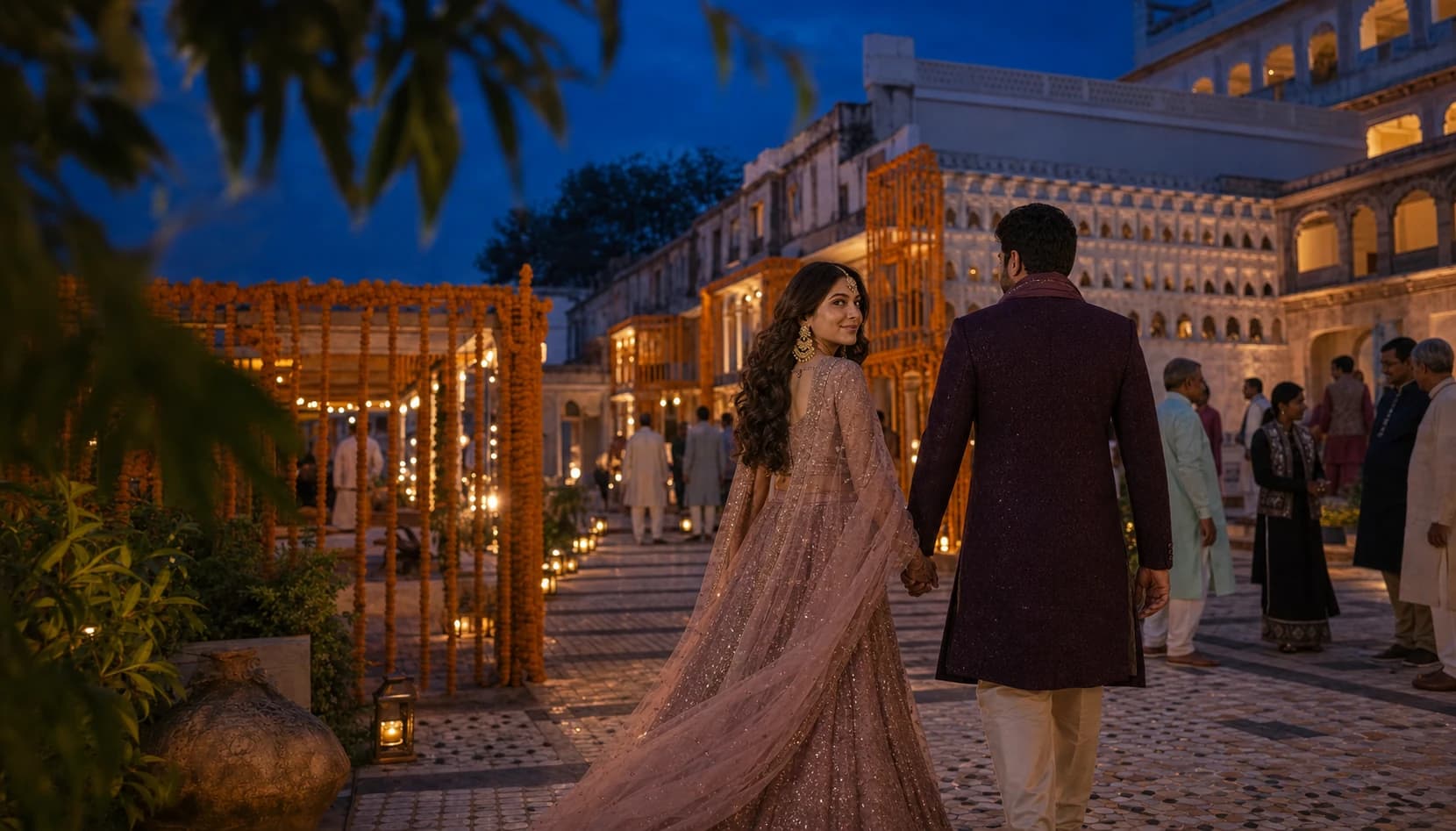 Ananya and Nikhil walking through their celebration courtyard at blue hour