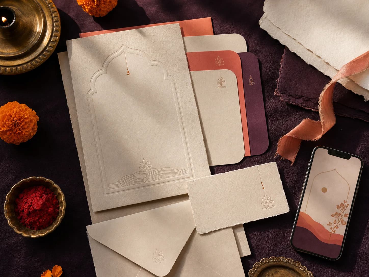 Contemporary Indian celebration stationery and a digital invitation